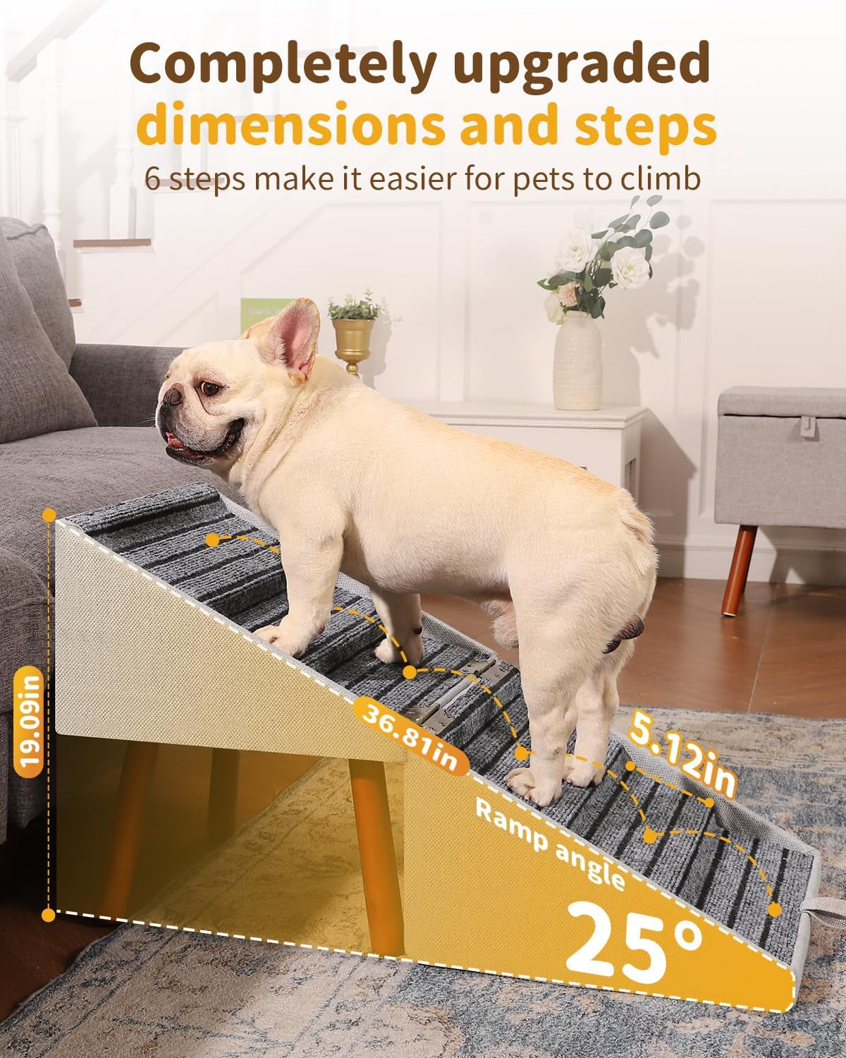 2-In-1 Foldable Ottoman Dog Ramp for Couch(6-Steps) | Convertible Folding Dog Stairs for Couch and Bed,Non-Slip Wooden Pet Stairs for Puppy Senior Injured Dogs