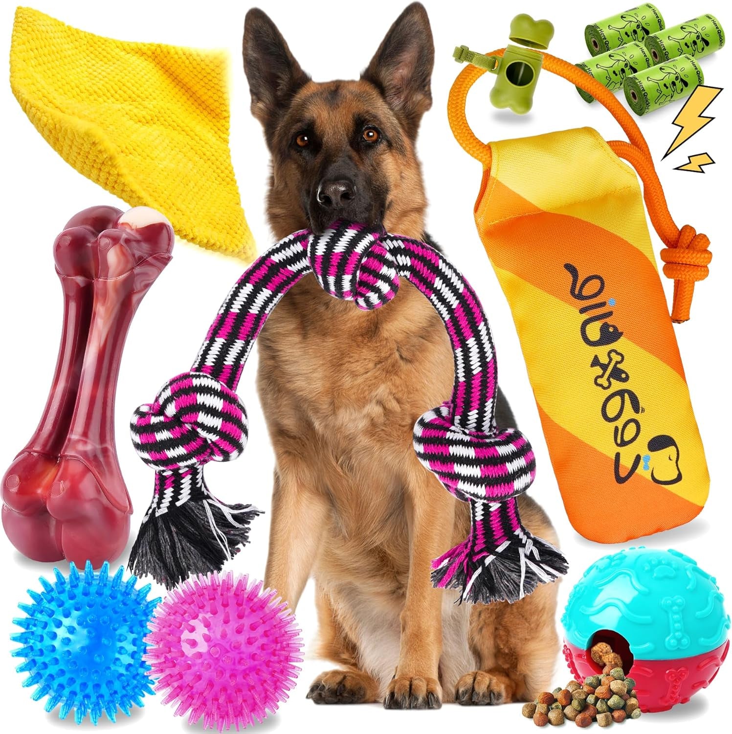 12 Pack Heavy Duty Various Dog Chew Toys Pack for Aggressive Chewers - Includes Large Rope Toys, Squeaky Toys & Indestructible Chew Bone for Medium, Large & X-Large Dogs (For Powerful Chewers)