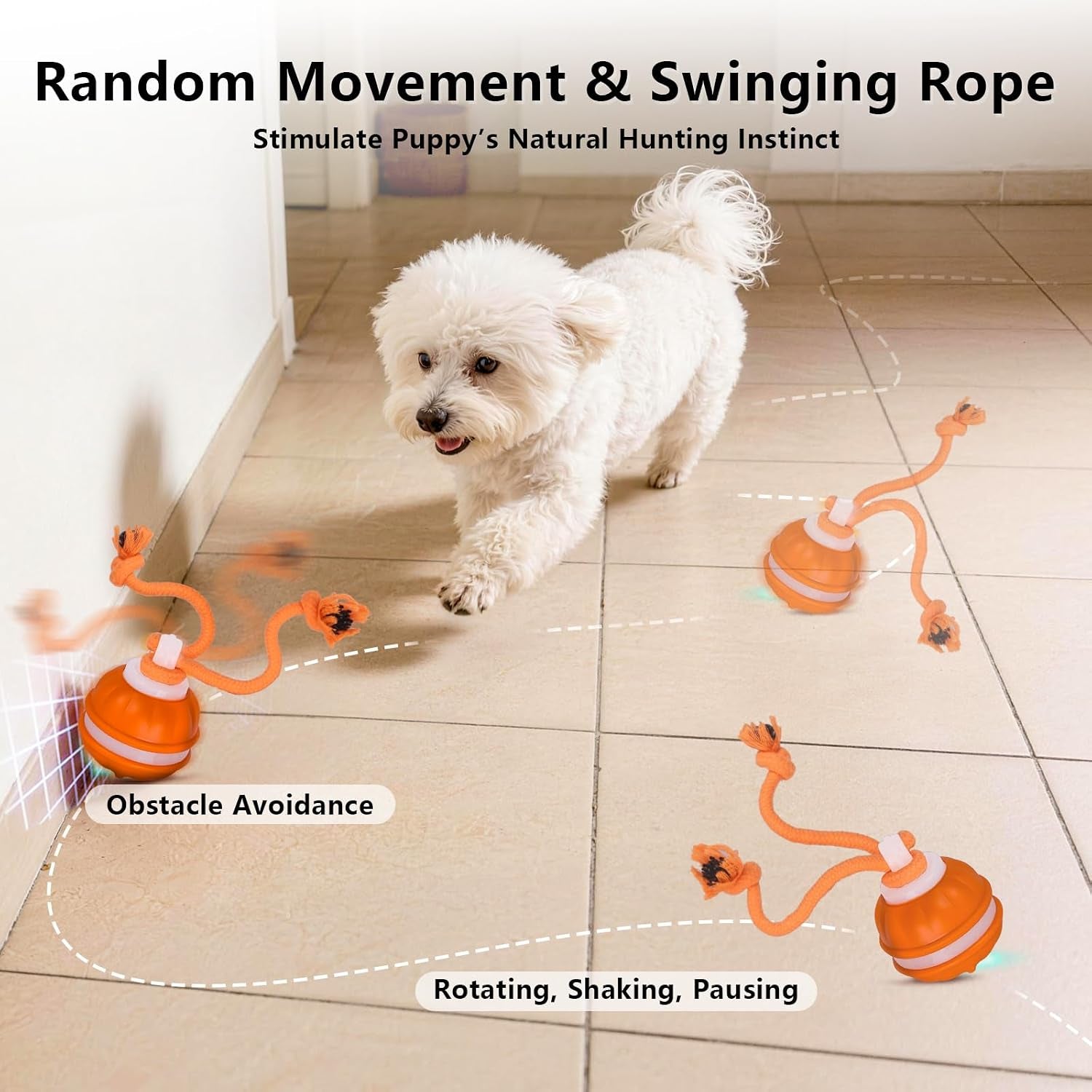 Interactive Dog Toys Ball, 3 Modes & Powerful Motor, Random Movement & Swinging Rope, Bird Chirping Stimulate, USB C Rechargeable for Small Medium Dogs for Boredom, Anxiety Relief