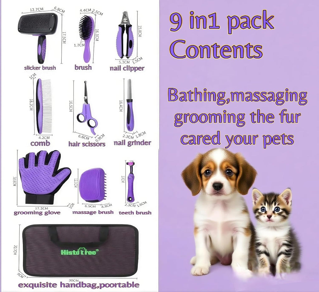 Cat Grooming Kit 9-Packs Kitten Puppy Grooming Kit for Dogs | Pet Dog Cat Rabbits Bath Grooming Tools Brush Kit Dog Nail Clippers and Cat Trimming Tools for Short Long Hair Dog Cat