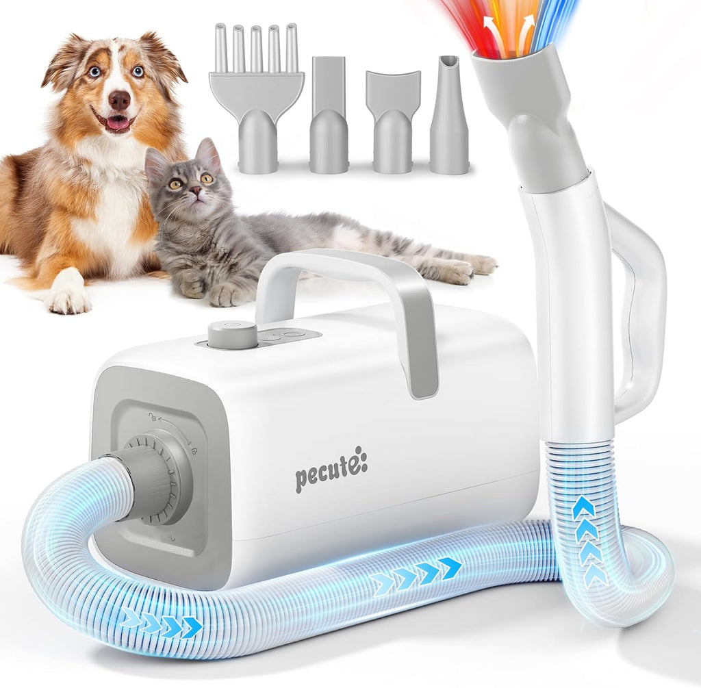 High-Velocity Dog Dryer, Adjustable Speed & Temp, 6.5Ft Cord | Heat-Resistant Hose, Pet Grooming Salon, Cool-Warm-Hot Cycle, 4 Nozzles, Soft Noise, Quick Drying, Overload Protection