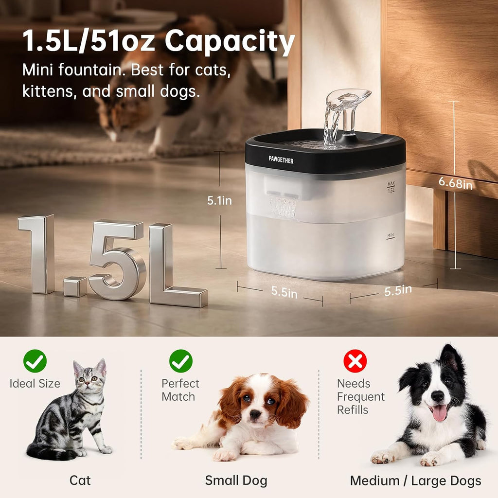 ® Cat Water Fountain with Wireless Pump 51Oz/1.5L Dog Water Fountain, Ultra Quiet Automatic Pet Water Fountain Portable Indoor Outdoor Travel Small Dog Water Dispenser with Adapter Black