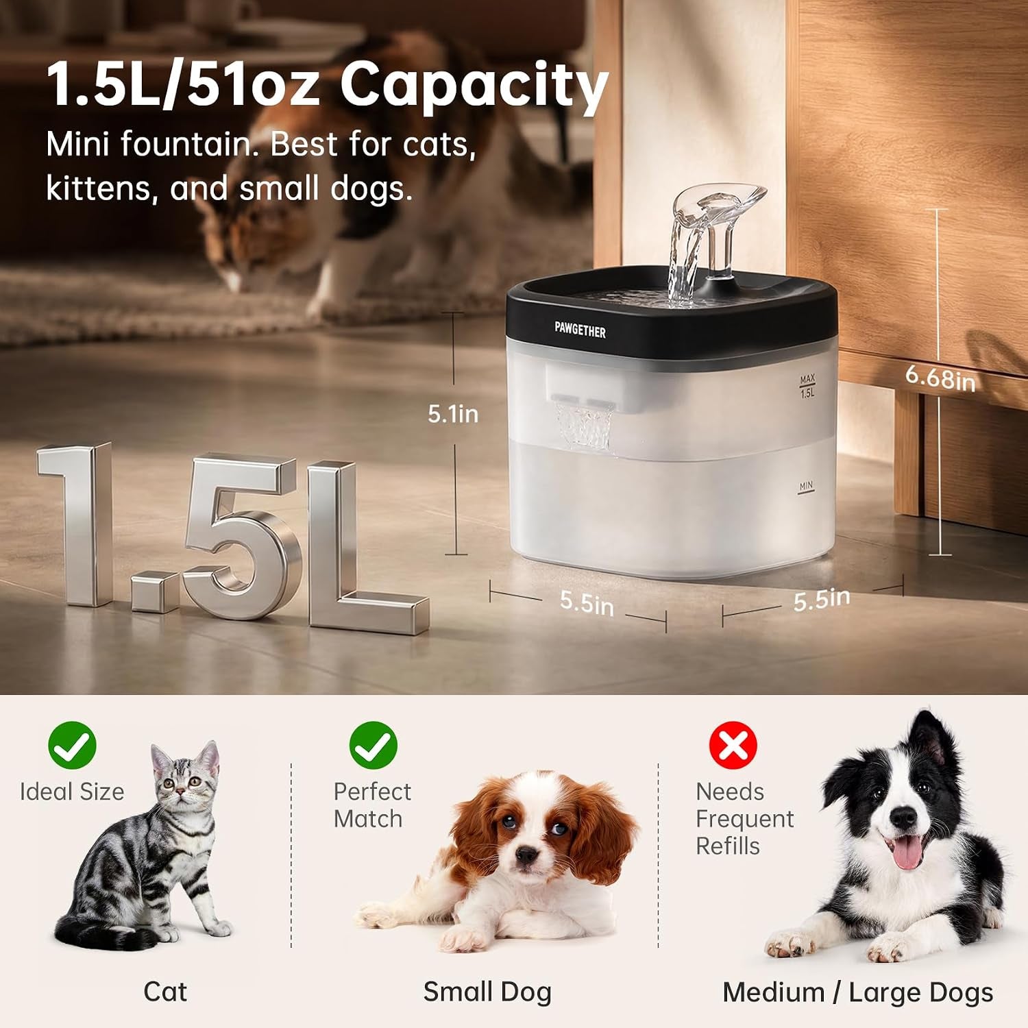 ® Cat Water Fountain with Wireless Pump 51Oz/1.5L Dog Water Fountain, Ultra Quiet Automatic Pet Water Fountain Portable Indoor Outdoor Travel Small Dog Water Dispenser with Adapter Black