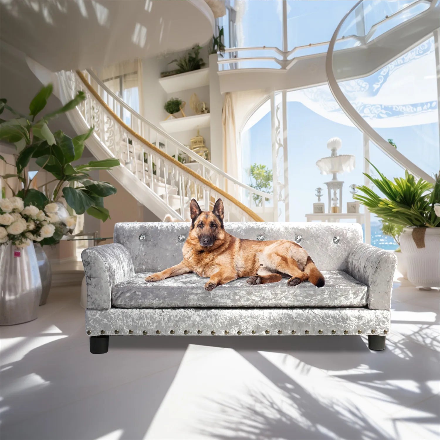Large Dog Sofa Bed Deluxe Tufted Elevated Jumbo Dog Couch Bed Made Velvet - Pet Giant Snuggle Sofa Lounger Memory Foam