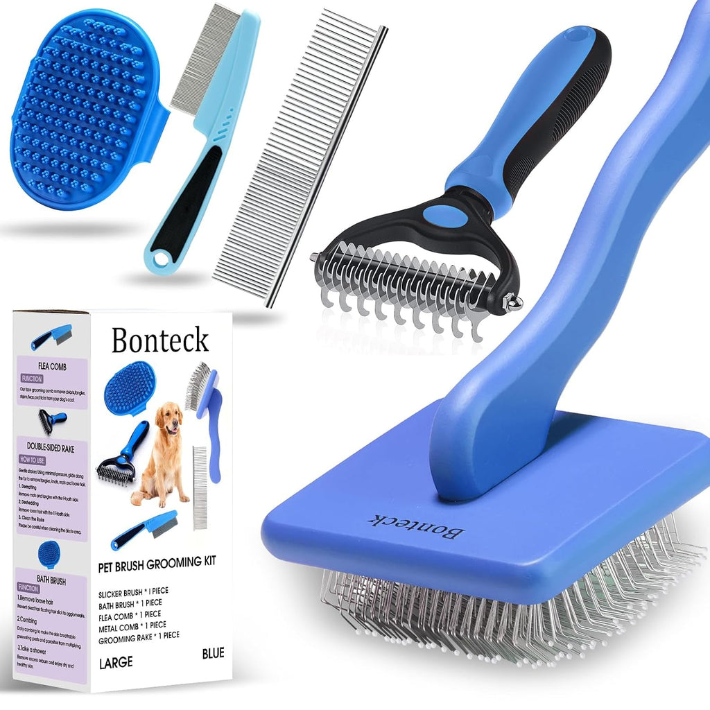 Dog Slicker Brush for Dogs Grooming Kit 5PCS Long Haired Doodles | Goldendoodles Poodles, Skin Friendly Deshedding, Comb and Rake, Removes Undercoat, Professional Detangling, Large, Blue