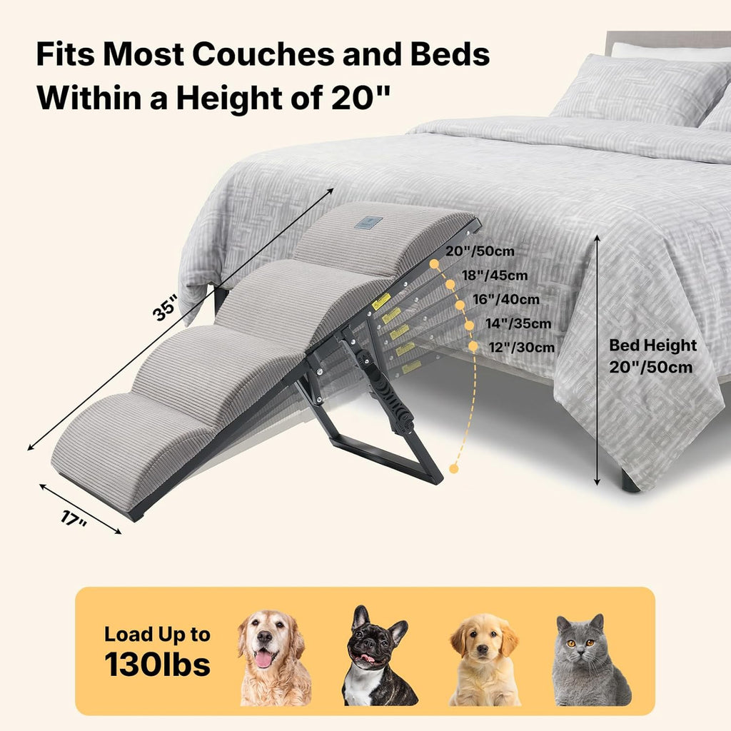 Dog Ramp for Bed Couch Small Large Dogs, Foldable Pet Ramp 12"-20" H | 5 Adjustable Height Portable Dog Ramps for Beds Bedside Folding Doggy Stairs Metal Frame for Senior Dogs, up to 130Lbs