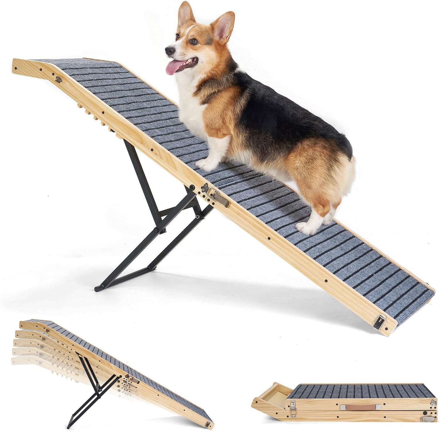 Folding Dog Ramp for Bed Couch for Small Dogs Height 20" to 31" | 65" Long Portable Pet Ramp for Bed Car 5 Adjustable Height Doggie Dachshund Senior Dog Ramps with Steel Bracket, up to 220Lbs