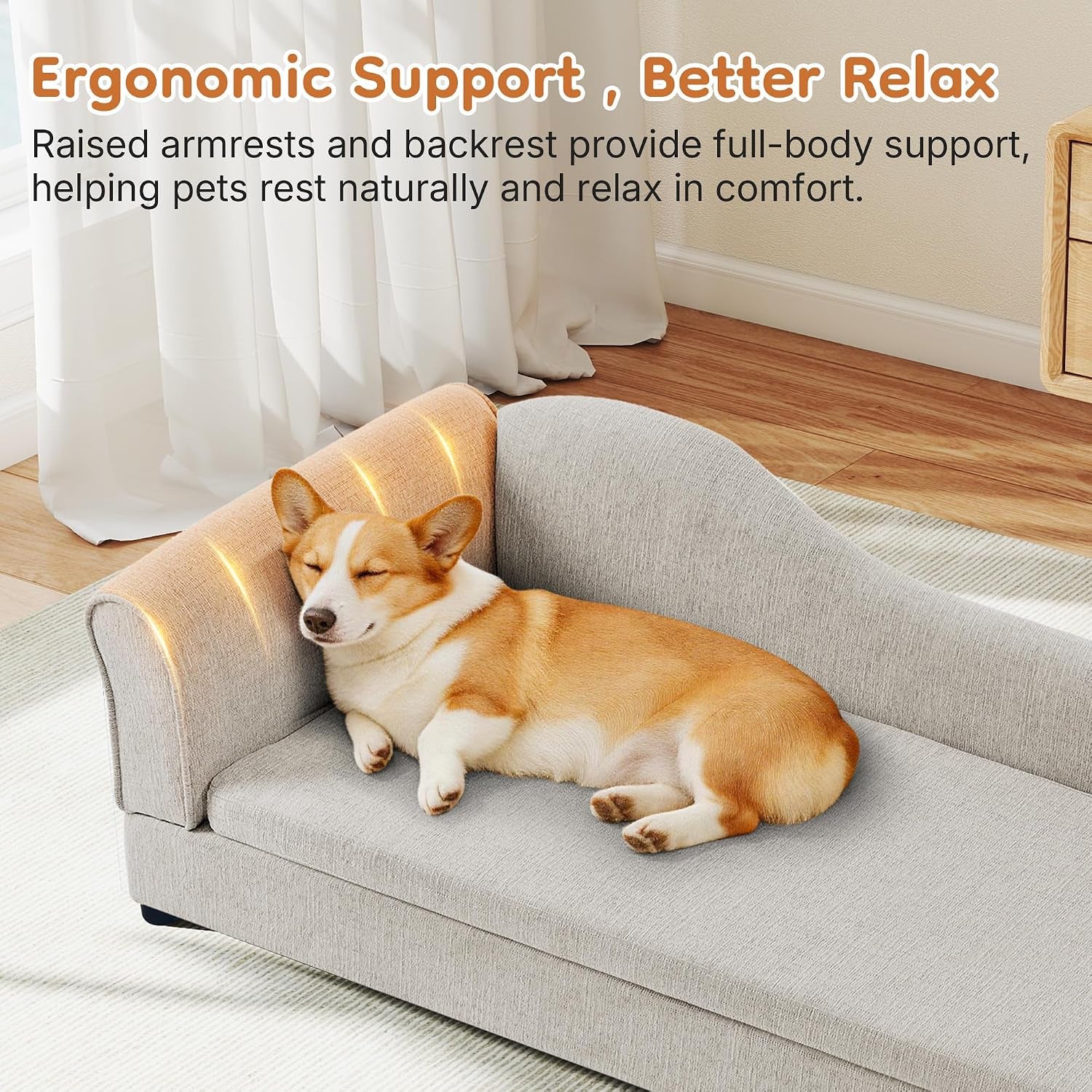 Dog Couch for Medium and Large Dogs, 55 X 26 X 18.5 Inch Pet Sofa Bed with Wave Backrest, Single Armrest, Breathable Linen Cushion, Low Feet, Beige