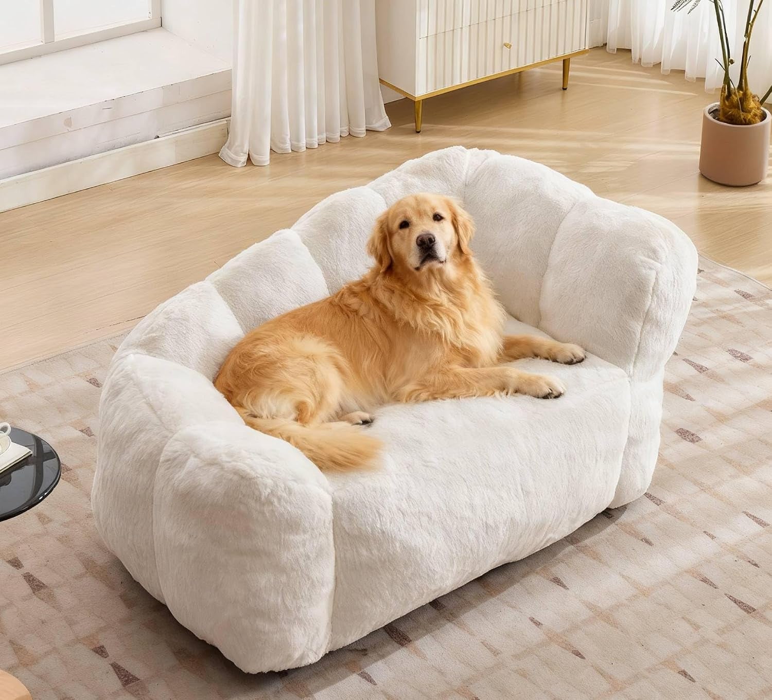 Dog Sofa Couch Bed with Faux Fur Fabric, 51" Floral Shaped Pet Sofa for Large Dogs up to 130BLS