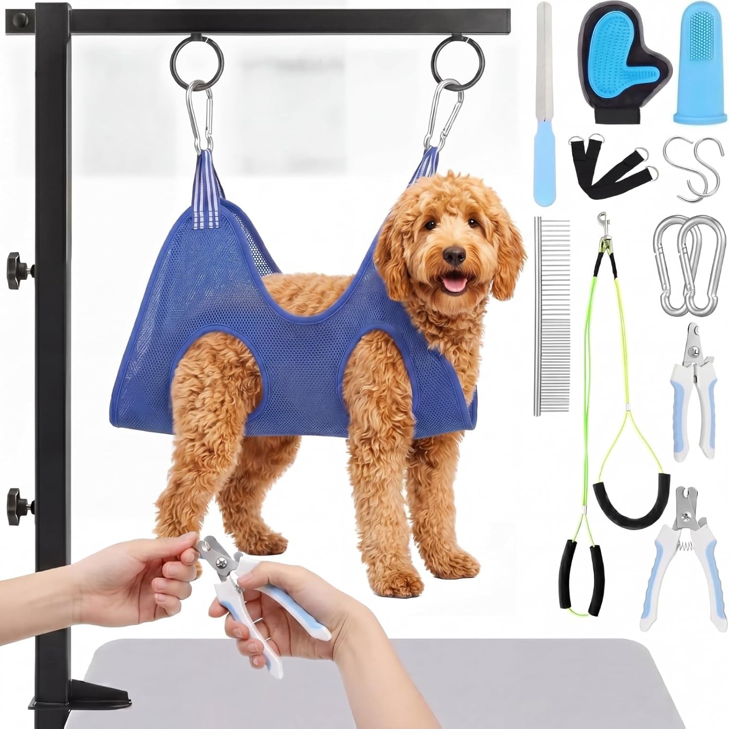 13 Pcs Adjustable Dog Grooming Arm with Clamps, Adjustable Height 27"-37", Pet Grooming Stand with Hammock and No-Sit Haunch Holders, Ideal Set for Small & Medium Dogs at Home or Salons