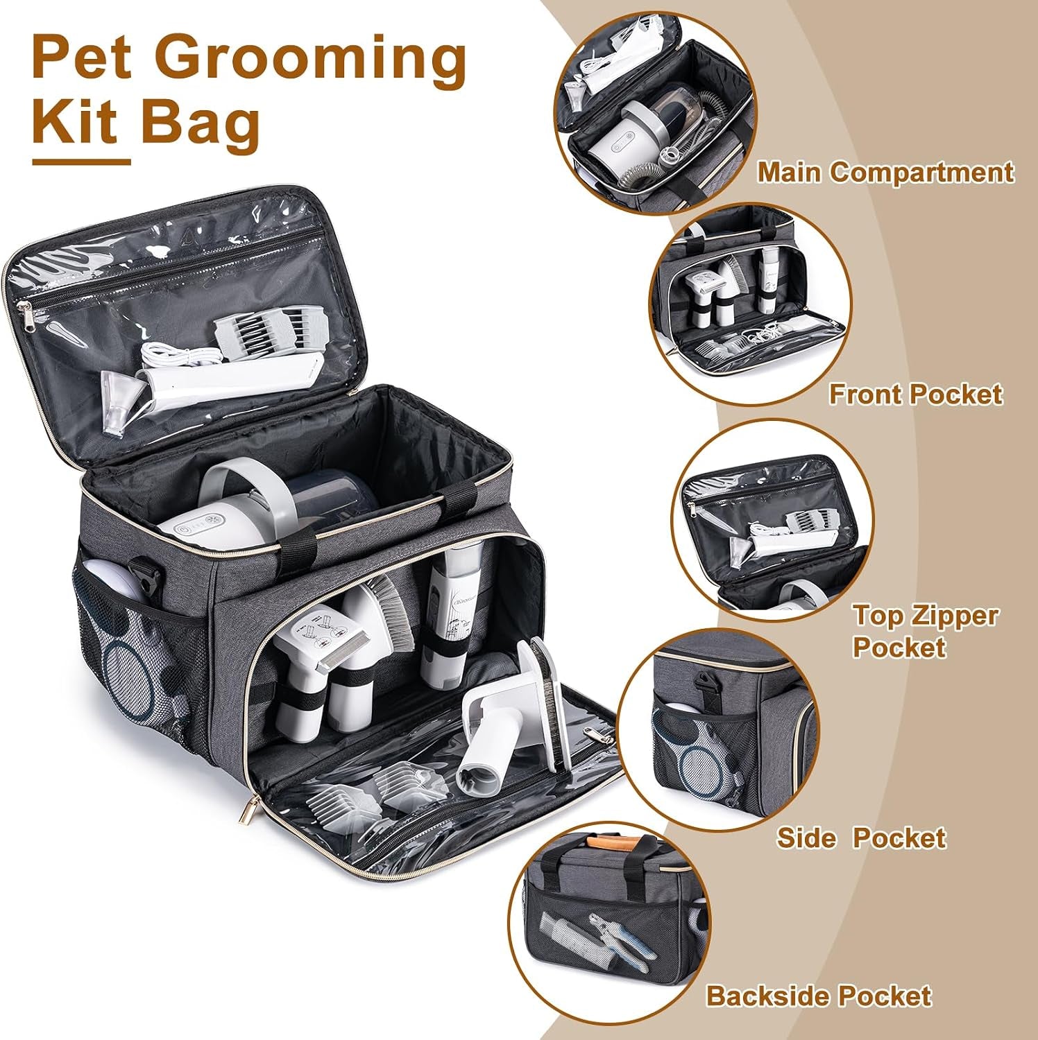 Dog Grooming Vacuum Bag, Pet Grooming Kit Bag Perfect for Dog Hair Vacuum & Grooming Tool Kit Accessories- Grey