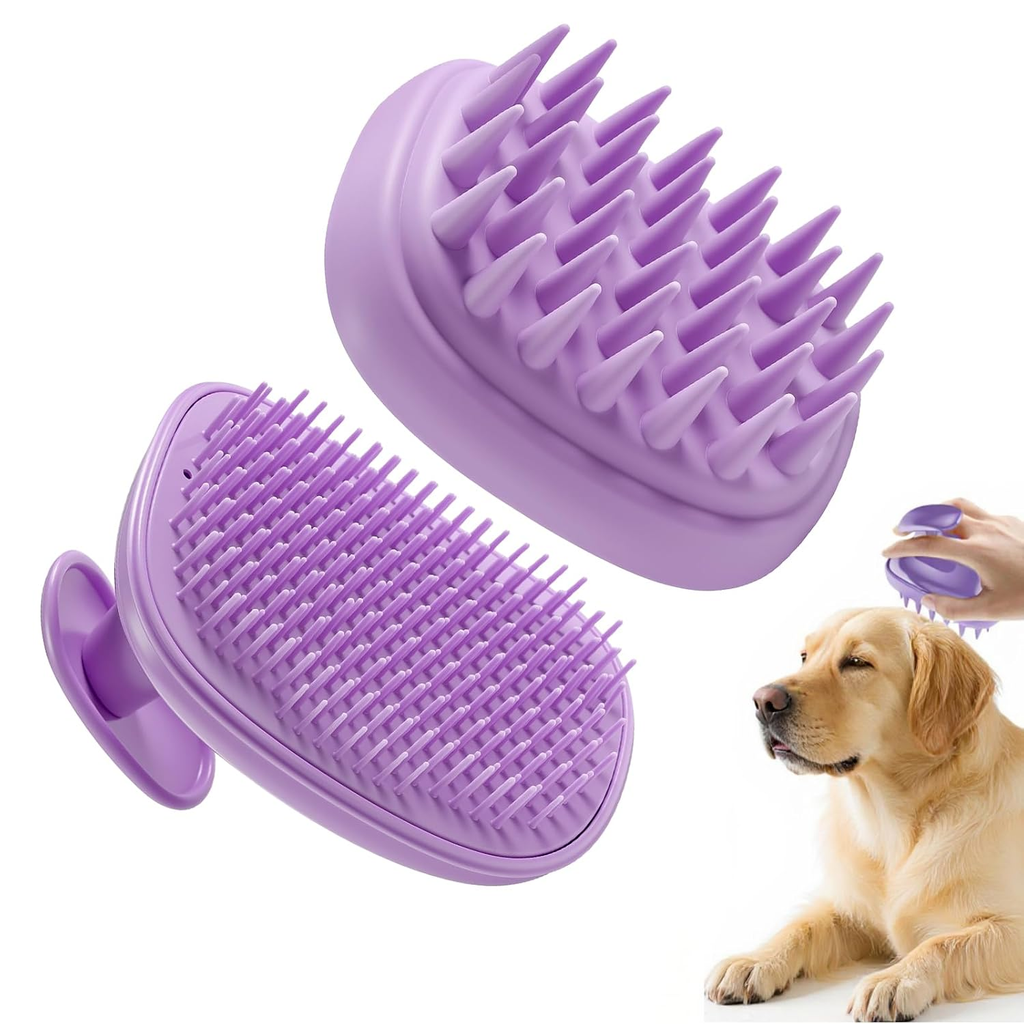 Purple pet grooming brush with a dog on a white background