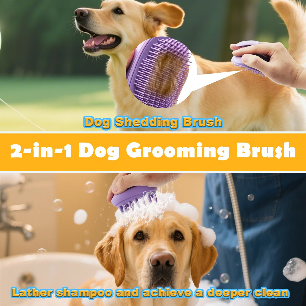 A 2-in-1 dog grooming and shedding brush shown in a collage with two dogs and a human hand using it. The top panel shows a golden retriever with the purple brush attached, and the bottom panel shows the brush being used while lather shampoo lathers onto the dog's fur.