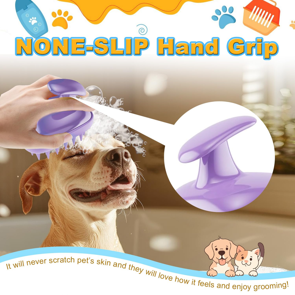 Pet grooming tool with non-slip handle being used on a dog, featuring text about its benefits.