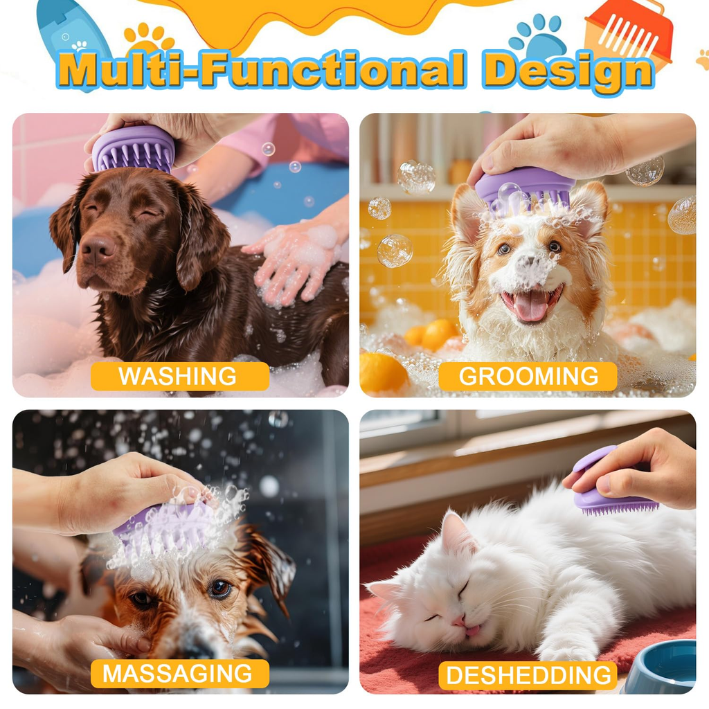 Pet grooming tool being used on a dog and cat with text indicating its multi-functional design.