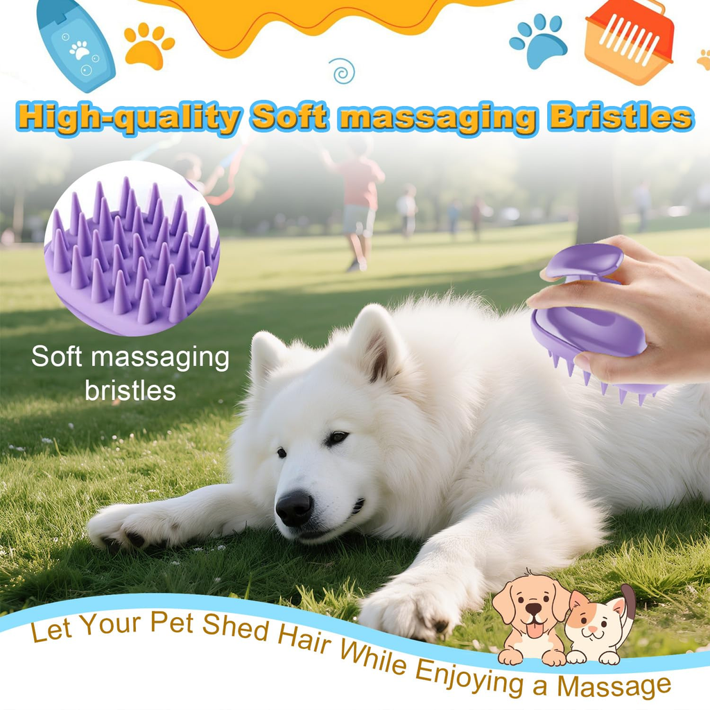 A white fluffy dog lying on grass while a hand uses a purple pet grooming brush on its back. The image includes marketing text and a close-up inset showing the purple soft bristles, with a park background and cartoon dog illustrations.