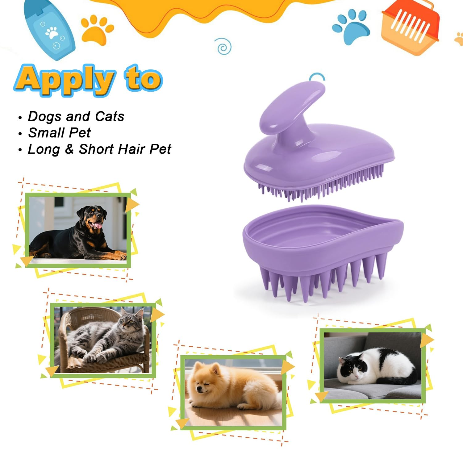 Purple pet grooming brush set shown on a white background with decorative graphics and text reading 'Apply to Dogs and Cats, Small Pet, Long & Short Hair Pet,' plus four small pet photos demonstrating use.