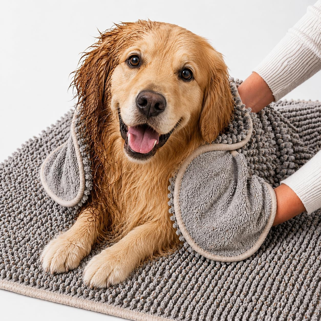 Pet 2-In-1 Dog Towel & Mat – Transforms from Drying to Bath Mat, Ultra Soft, Absorbent & Quick-Drying, Machine Washable Dog Towels with Detachable Non-Slip Mat and Hand Pockets (Medium)