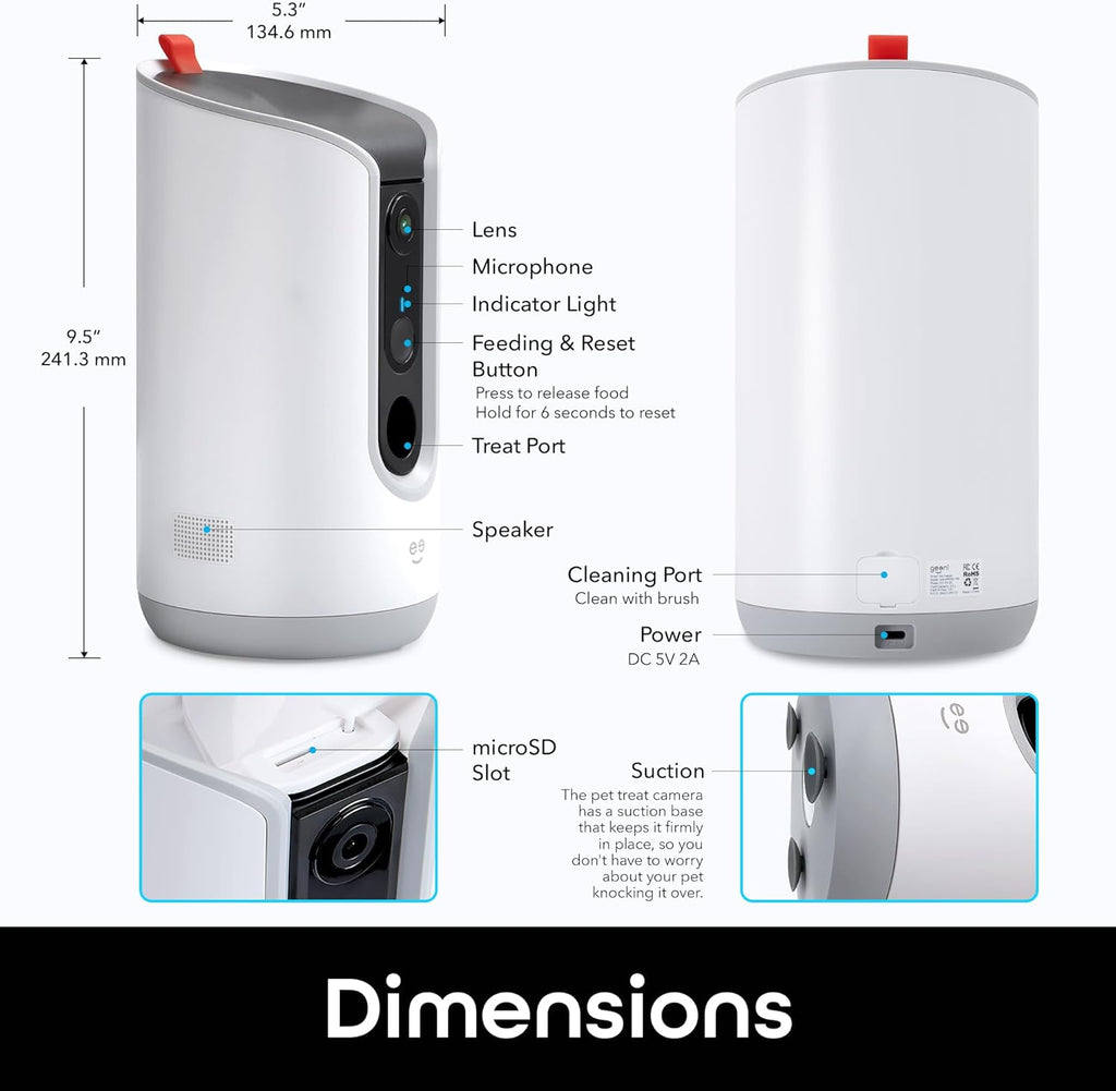 Pet Treat Dispenser with Camera - 2K HD Wifi Enabled, Dog and Cat Automatic Smart Feeder, Two-Way Audio, Night Vision, Auto-Follow, Remote Access with App, Alexa and Google Compatible, White