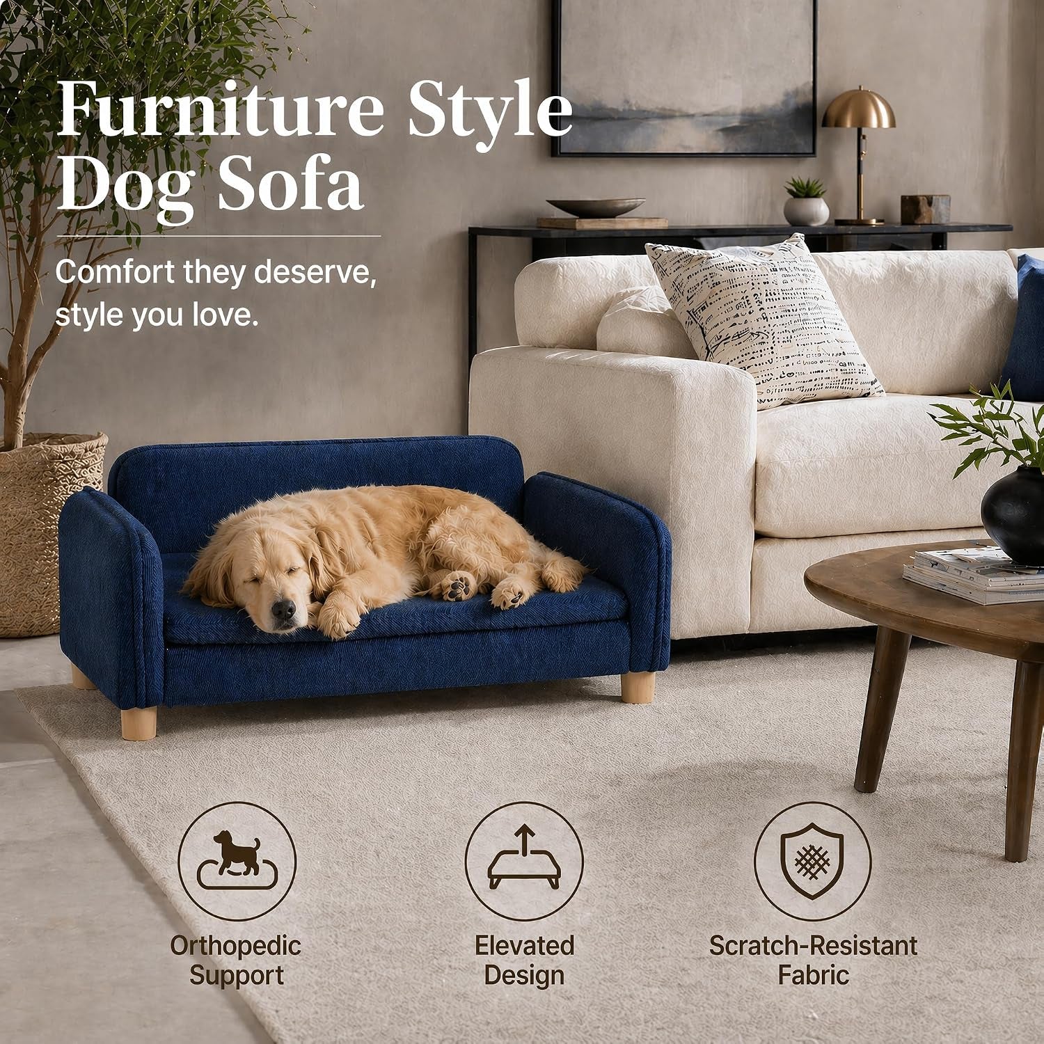 Dog Couch Bed for Small to Medium Dogs, Orthopedic Bolster Dog Sofa Bed with Removable Washable Cover, Elevated Pet Couch with Armrests, Navy Blue