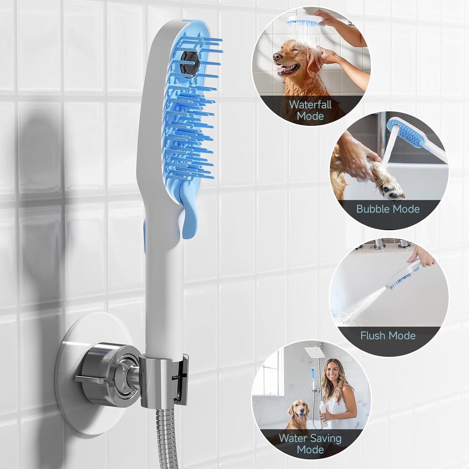 Dog Shower Attachment with 4 Adjustable Settings, Indoor and Outdoor Use | Easy-To-Install Dog Shower Brush for Bathing and Grooming, Blue/White
