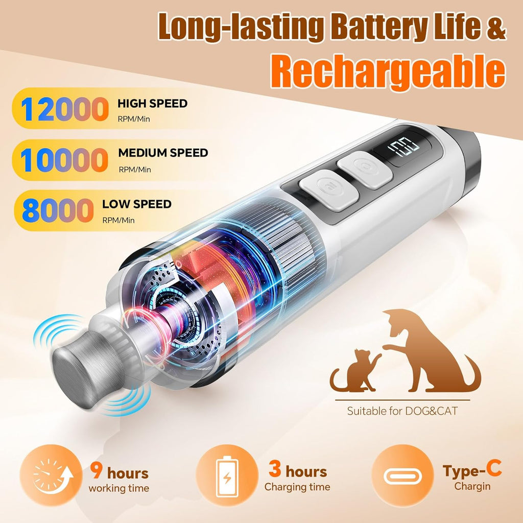 Dog Nail Grinder Electric Powerful 3 Speeds Dog Nail Clippers with Lights Quiet Cat Nail Clipper Painless Care Trimmers Tools for Small Medium Large Dogs and Cats (Black)