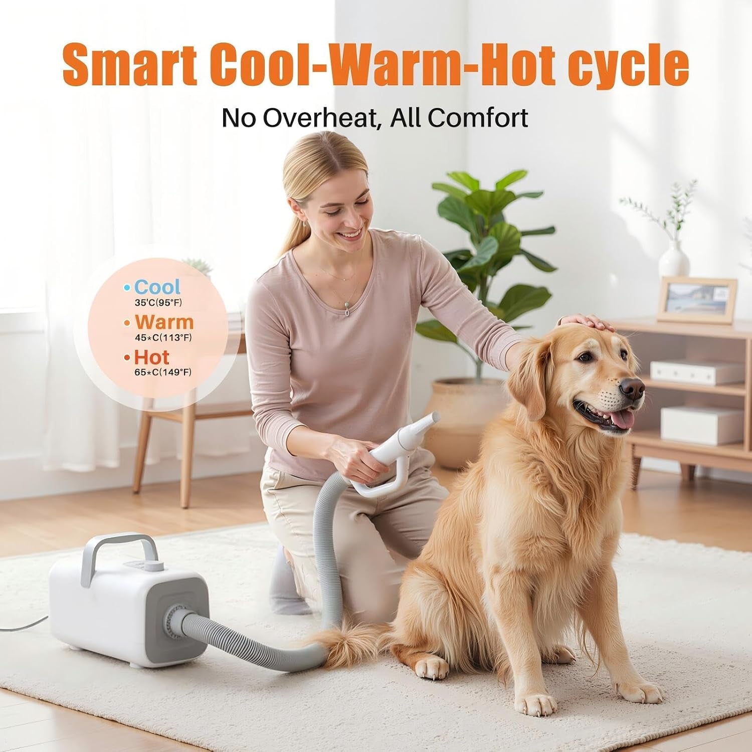 Dog Hair Dryer with Heater for Grooming, High Velocity Speed | 1550W Dog Blow Dryer, Temperature Adjustable Dog Blower Grooming, White