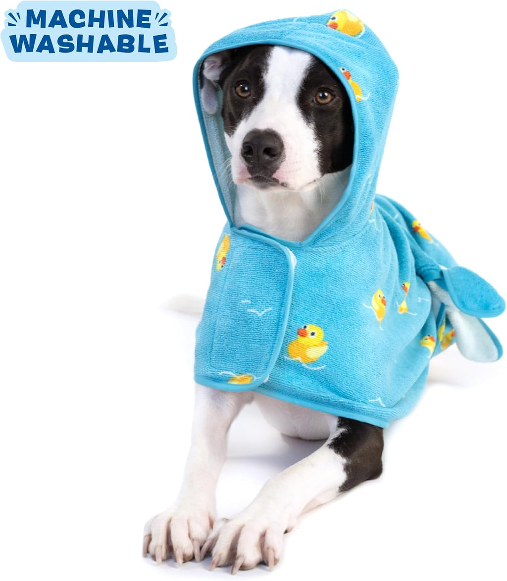 Dog Bathrobe - for Dogs - Medium | Fast Drying, Microfiber Bath Towel - Hook & Loop Closure and Wrap Tie - Machine Washable - Rubber Duck