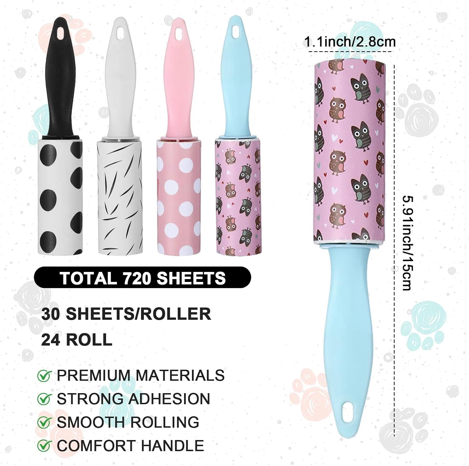 Set of four fabric rollers with different designs and a measurement label on a white background.