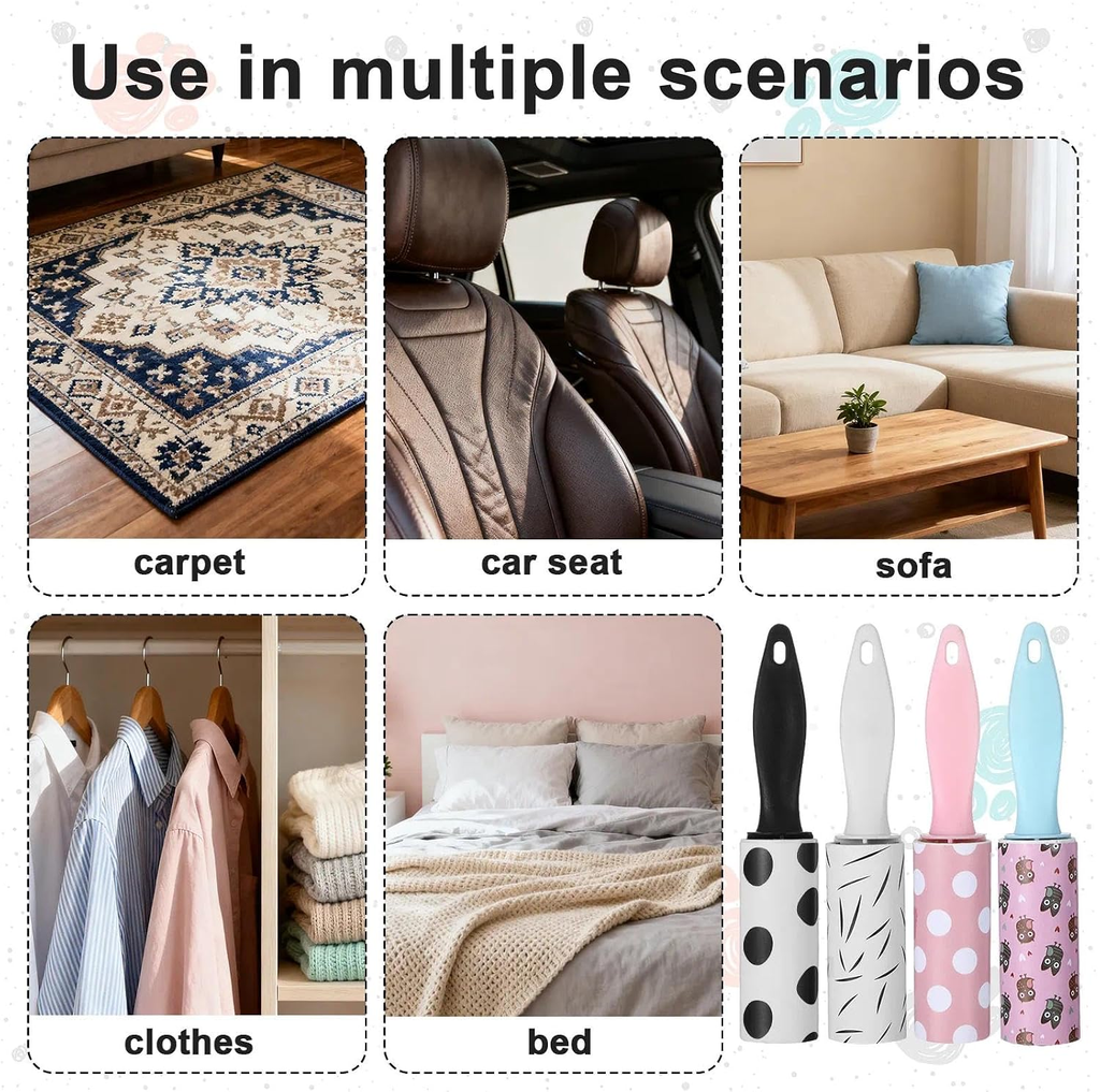 Cleaning tools used in various scenarios including carpet, car seat, sofa, clothes, and bed.