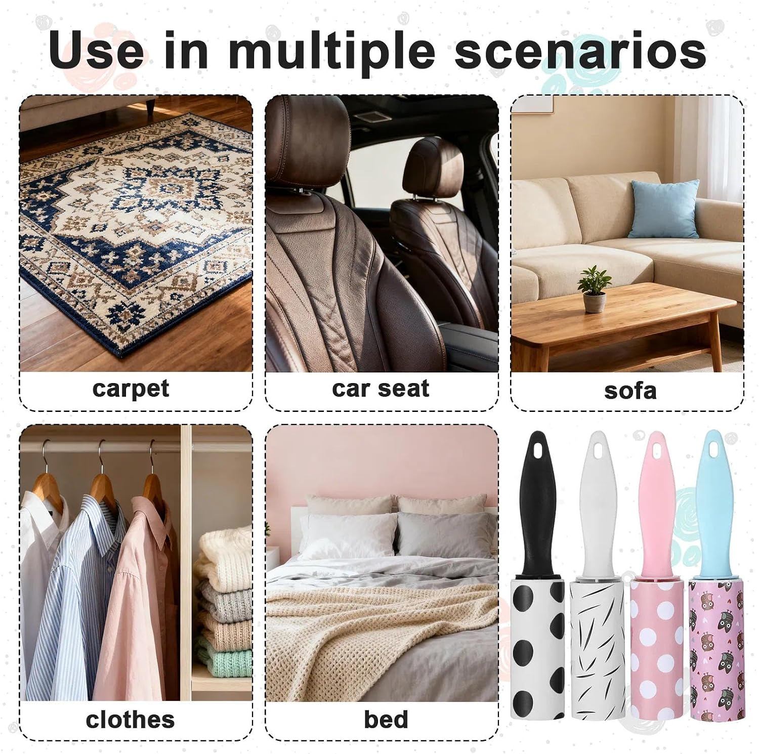 Cleaning tools used in various scenarios including carpet, car seat, sofa, clothes, and bed.