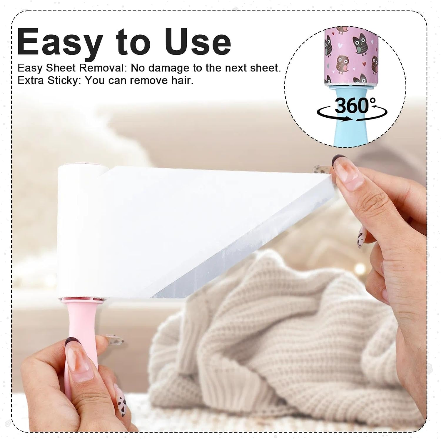 A close-up demonstration of a pink and white fabric care tool being used on a cream knit sweater, with text explaining easy sheet removal and extra sticky grip. A circular inset shows the tool wrapped in a patterned sleeve and rotated 360 degrees.