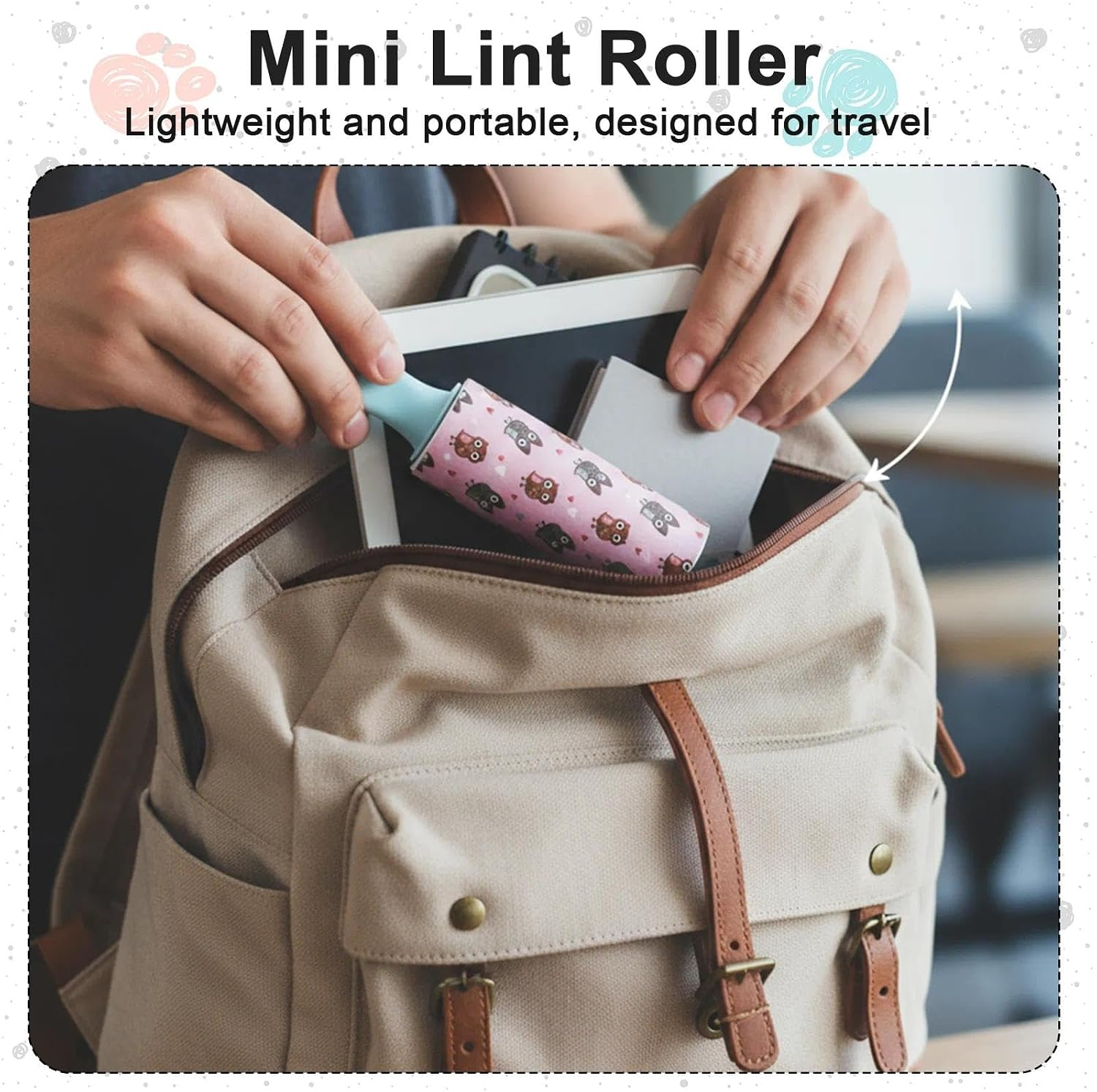 Mini lint roller being used to clean a backpack with text 'Mini Lint Roller' and 'Lightweight and portable, designed for travel'.