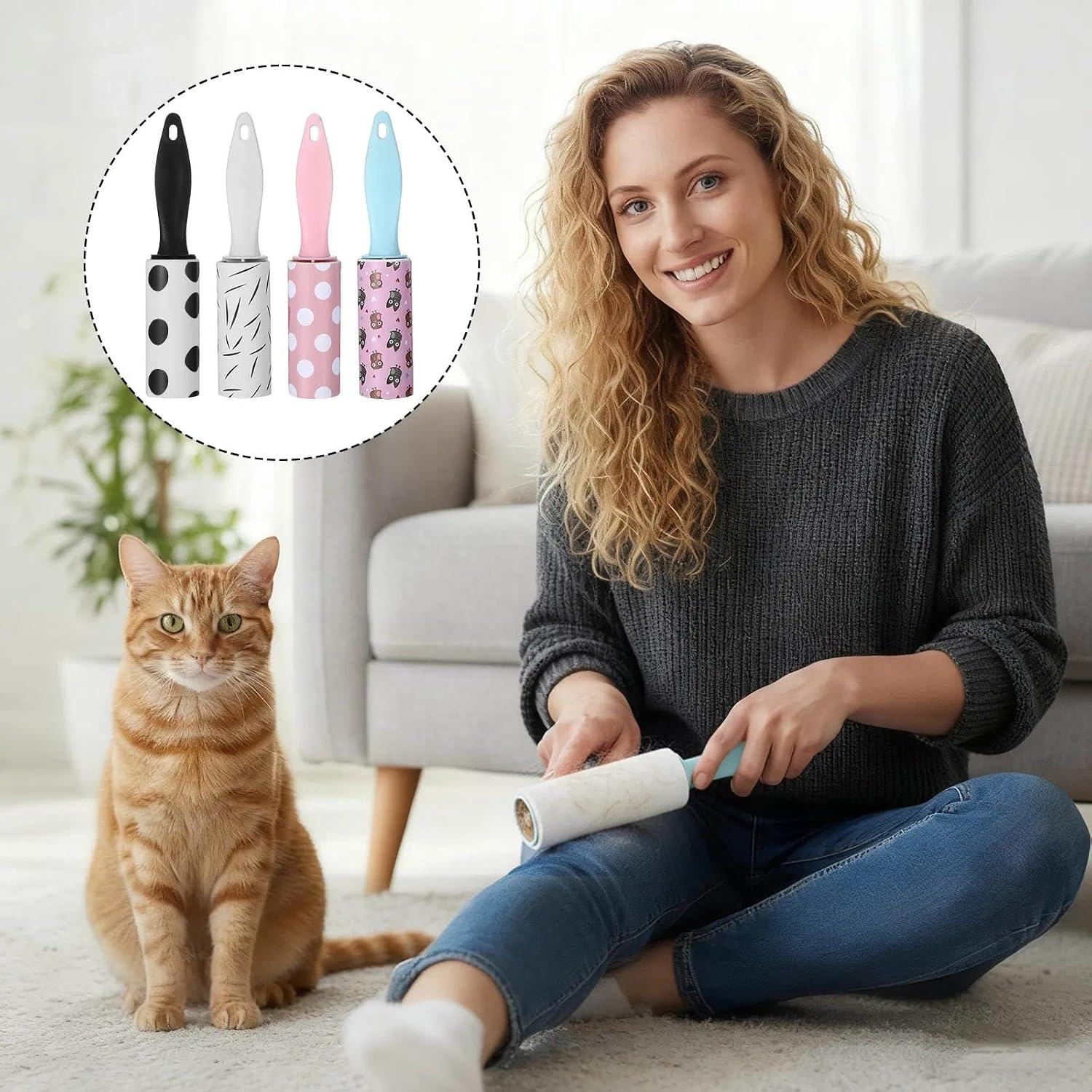 A woman sits on a carpeted floor in a living room, using a pet hair remover on a white lint roller while an orange tabby cat watches. A circular inset in the top left shows four color options for the roller handle and body.