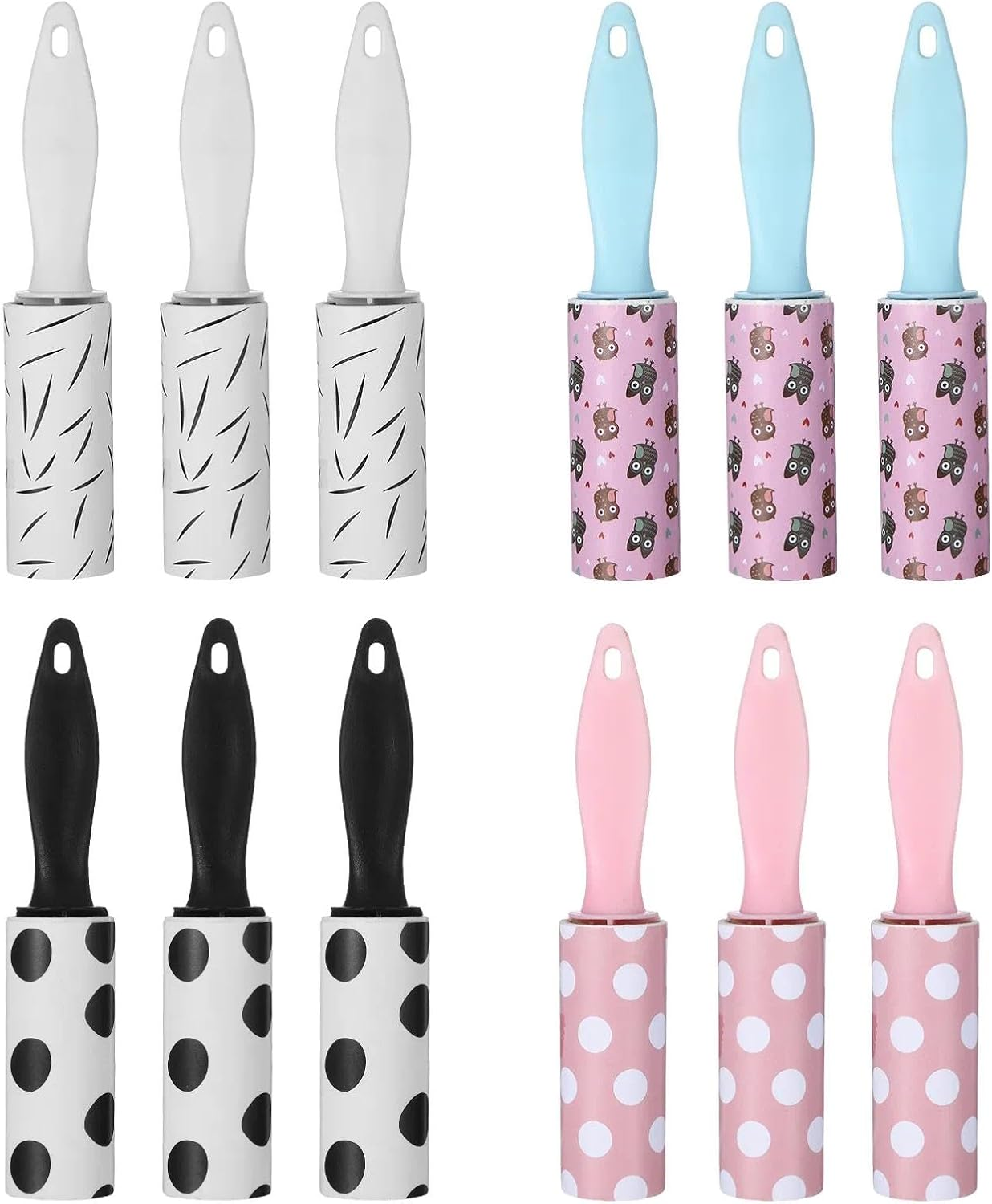 Six lint roller sets arranged in a 2x3 grid on a white background, each with a different handle color and pattern: white with black brush marks, light blue, pink with cartoon characters, black and white polka dots, and pink with white polka dots.