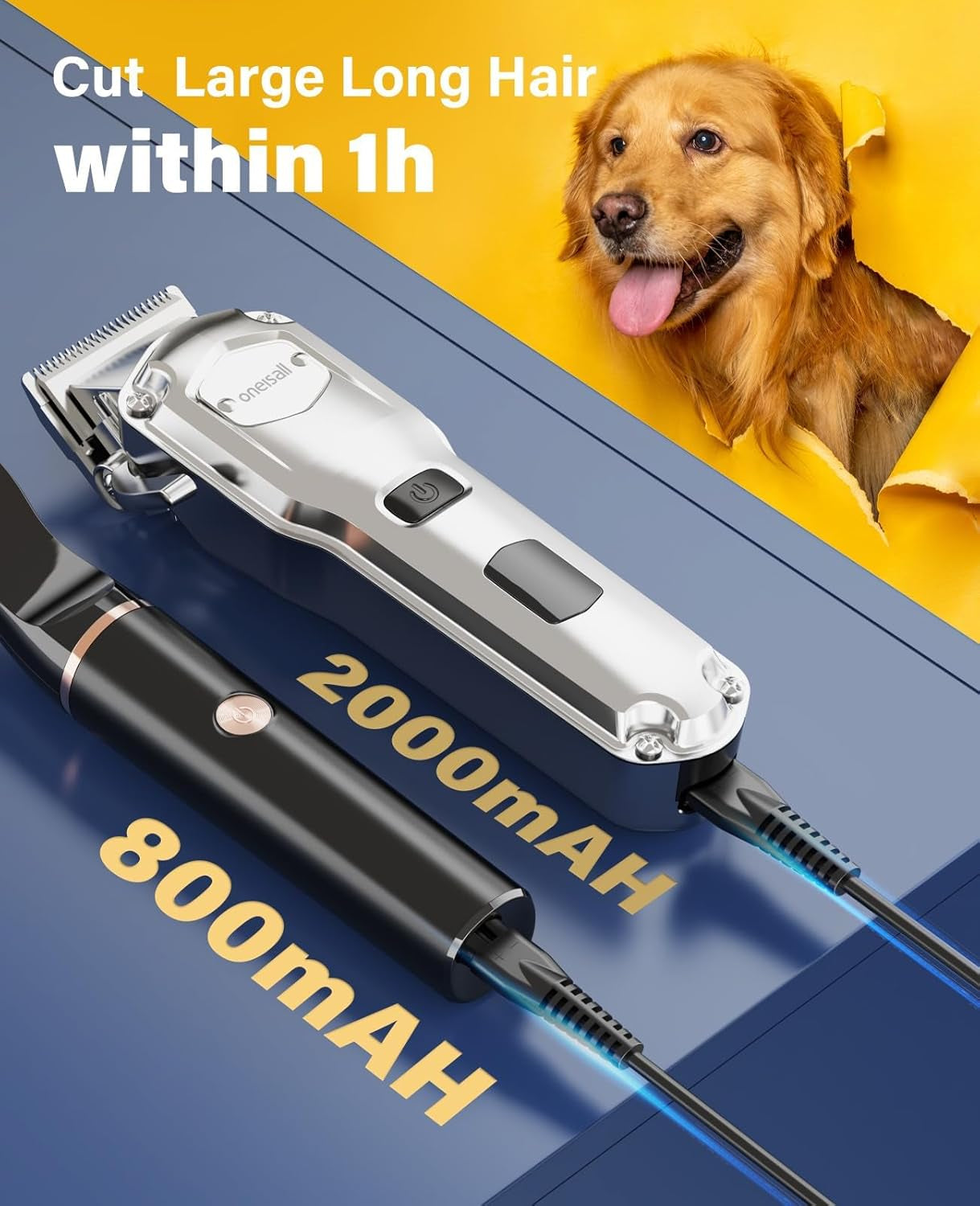 Dog Grooming Kit for Thick/Matted Hair with Stainless Steel Blade | Powerful Motor, Dog Clippers+Paw Trimmers, IPX7 Waterproof, Low Noise, Cordless & Long Battery Life