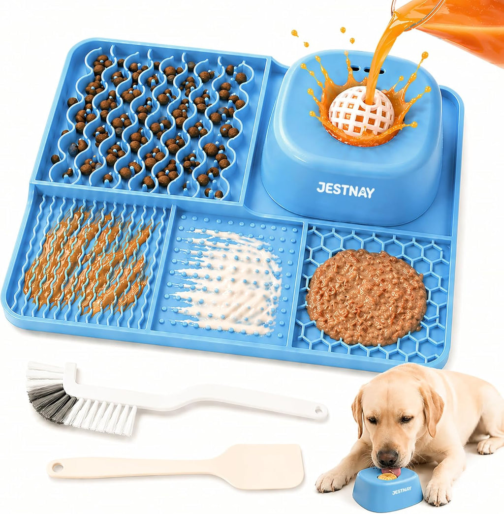 Dog Lick Mat & Slow Feeder Bowl Combo, Enrichment Toy with Puzzle Dome, 4-Texture Silicone Licking Mat for Anxiety Relief, Slow Feeding, Boredom Buster with Cleaning Brush & Silicone Spatula (Blue)