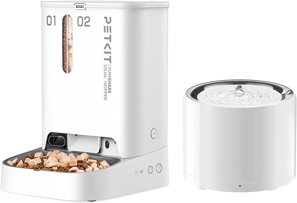 YUMSHARE DUAL-HOPPER Automatic Pet Feeder and EVERSWEET 3 PRO Cat Dog Water Fountain,1080P HD Camera Cat Dog Feeder Food Dispenser+Stainless Steel Wireless Pump Water Fountain,Smart App Control