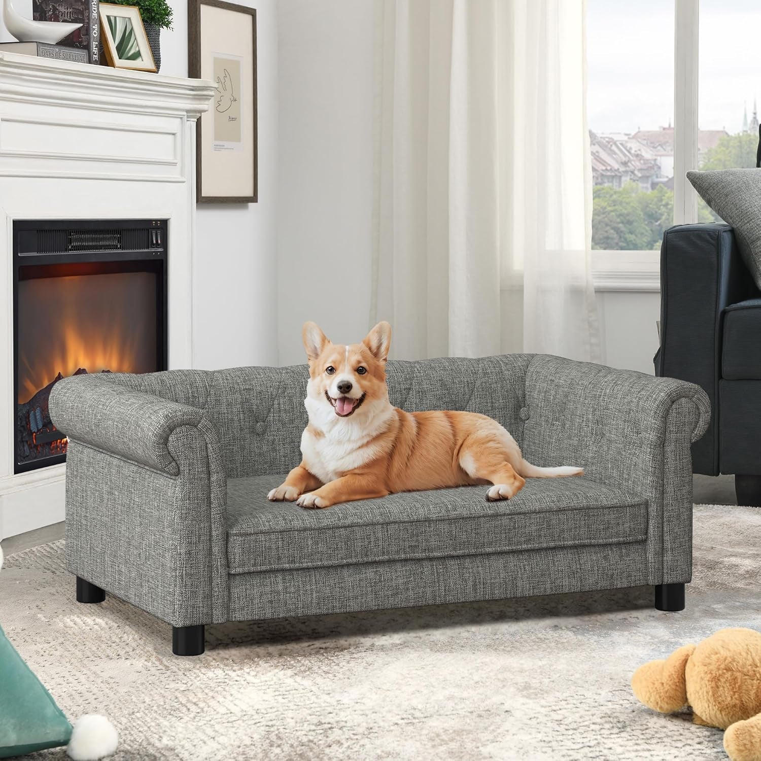 Pet Bed Dog Sofa,39" Pet Couches with Backrest and Armrests,Dog Sofa Bed for Small and Medium-Sized Dogs W/Linen Fabric,Black