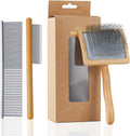 Slicker Brush for Long Haired Dogs, Wooden Ergonomic Handle | Long Pins Reach Deep Undercoat. for Goldendoodles, Poodles, Doodles, Long-Haired Breeds. Removes Mats, Gentle on Skin.