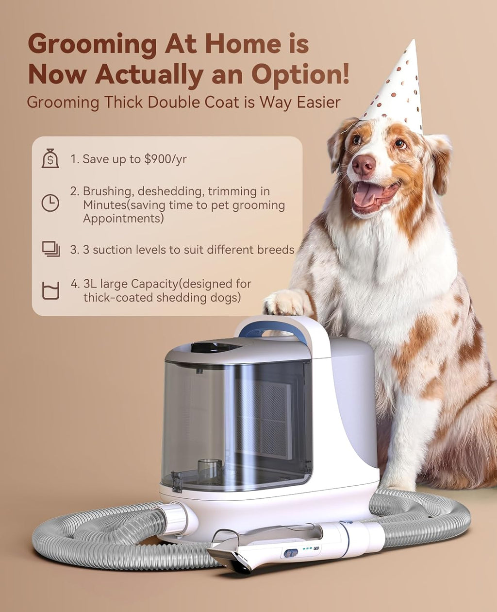 Dog Grooming Vacuum Kits with Clipper | Exatra Large 3L Dust Cup,13Kpa 3 Suction,Clipper,Nail Grinder & Shedding Brush 7 in 1 Grooming Kits,Low Noise,Bm3