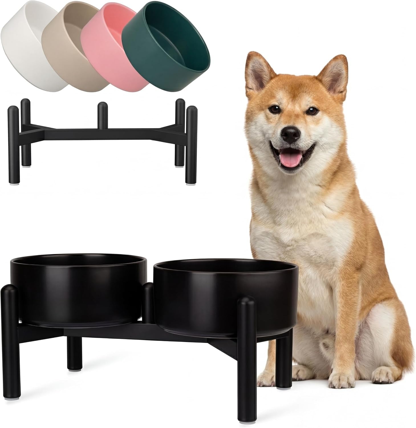 Raised Ceramic Dog Bowl Set with Stand, 3.5 Cups Elevated Dog Food Stand | 6.1'' Double Dog Food and Water Bowl Set, Non-Slip Dog Feeding Dishes for Small to Medium Breeds, 29.57 OZ, White