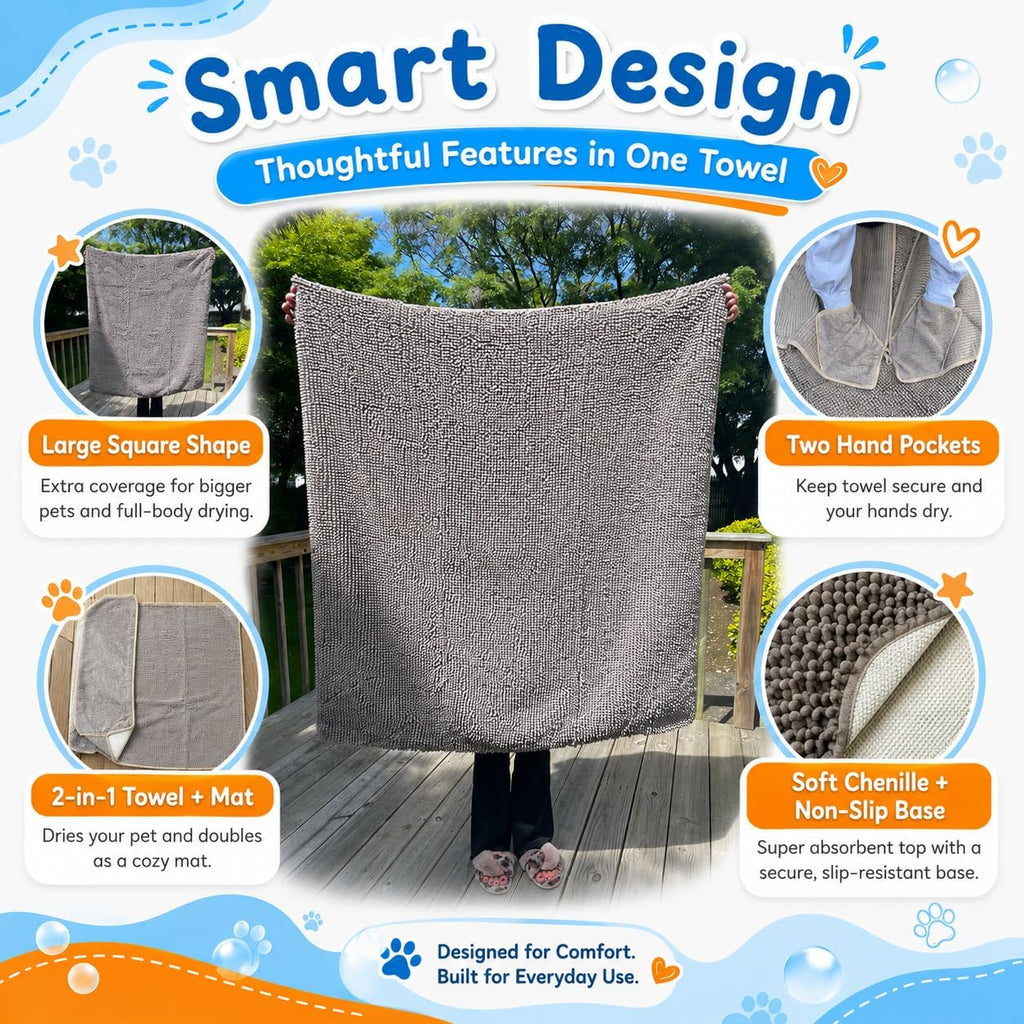 Pet 2-In-1 Dog Towel & Mat – Transforms from Drying to Bath Mat, Ultra Soft, Absorbent & Quick-Drying, Machine Washable Dog Towels with Detachable Non-Slip Mat and Hand Pockets (Medium)