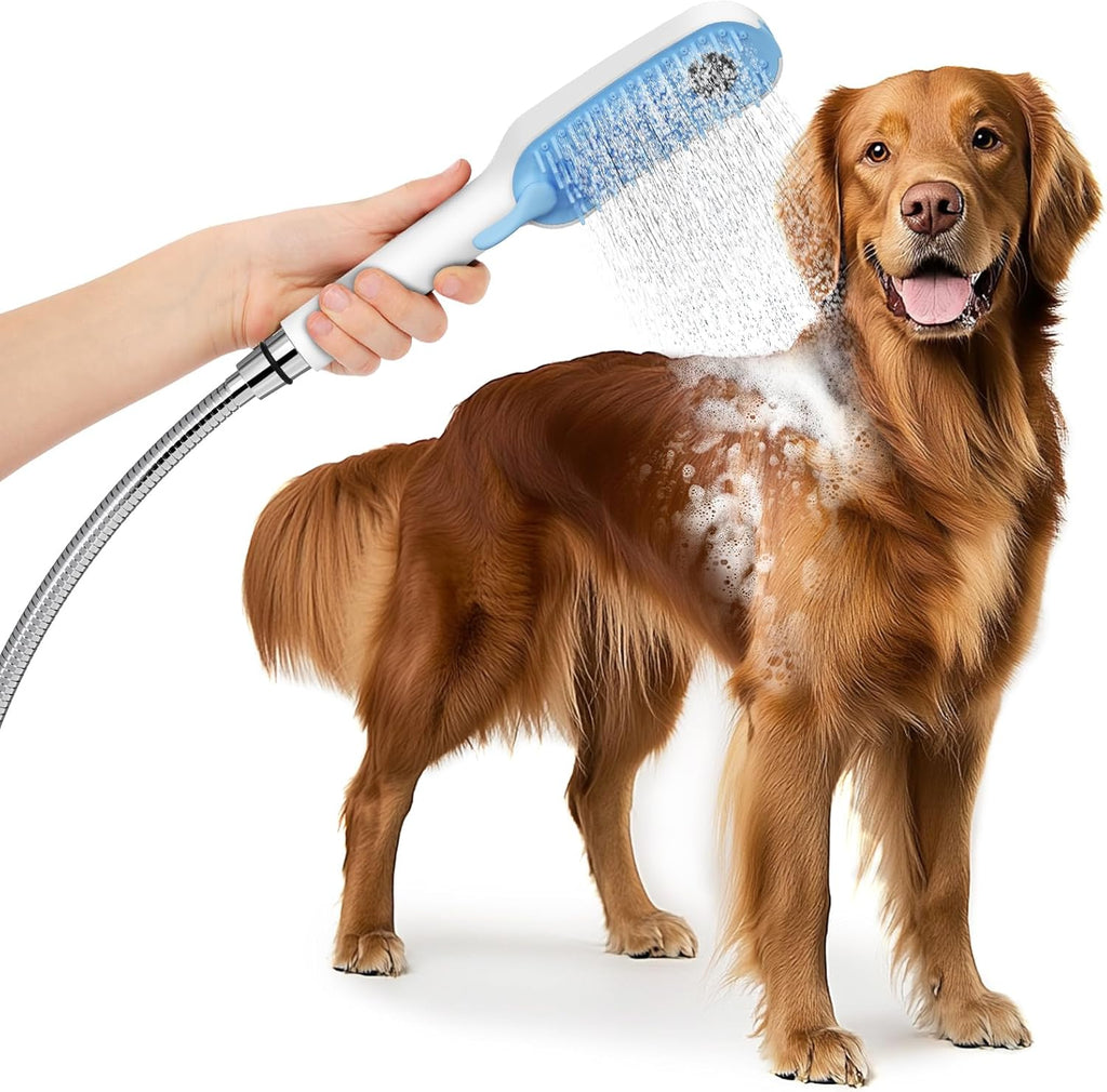Dog Shower Attachment with 4 Adjustable Settings, Indoor and Outdoor Use | Easy-To-Install Dog Shower Brush for Bathing and Grooming, Blue/White