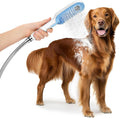 Dog Shower Attachment with 4 Adjustable Settings, Indoor and Outdoor Use | Easy-To-Install Dog Shower Brush for Bathing and Grooming, Blue/White