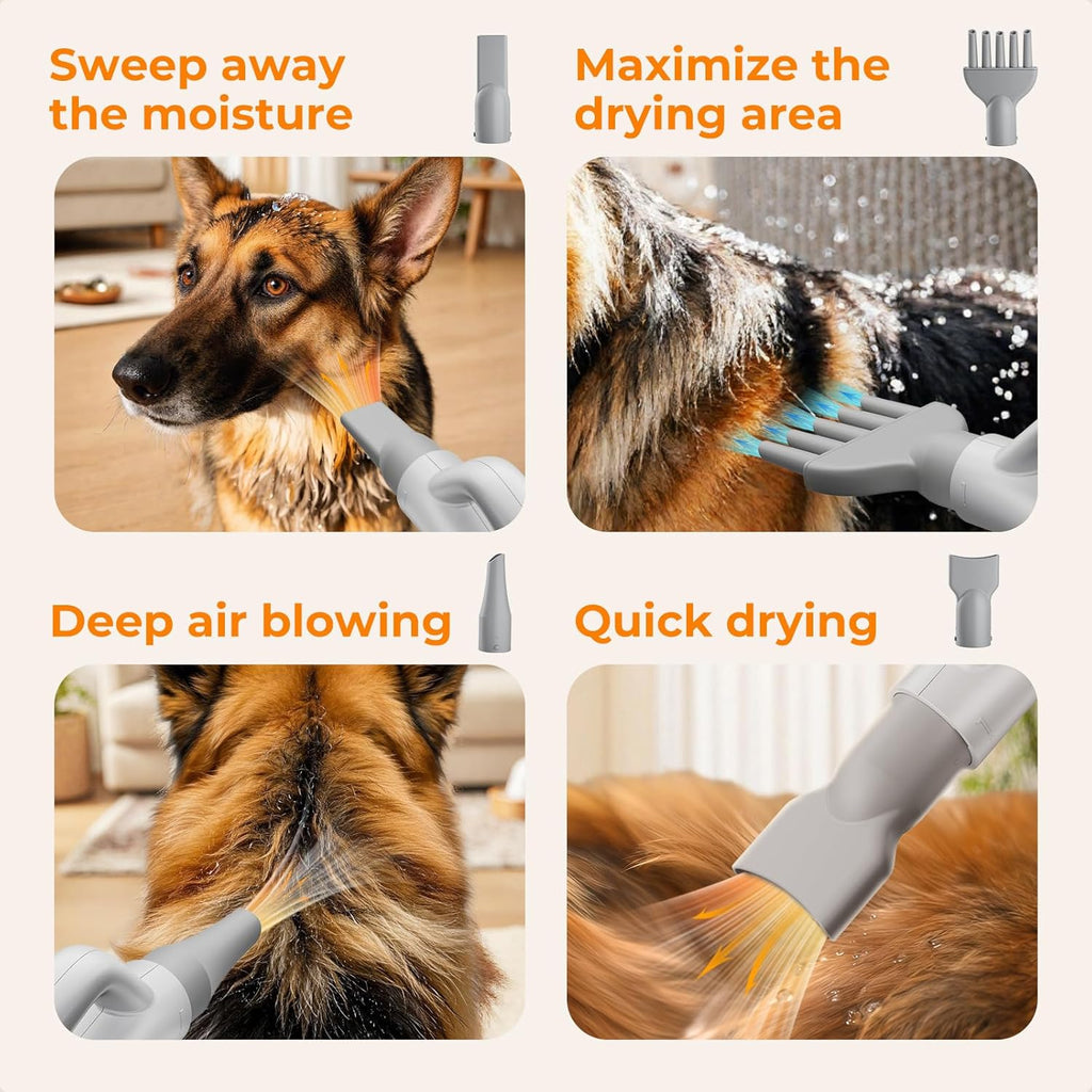 High-Velocity Dog Dryer, Adjustable Speed & Temp, 6.5Ft Cord | Heat-Resistant Hose, Pet Grooming Salon, Cool-Warm-Hot Cycle, 4 Nozzles, Soft Noise, Quick Drying, Overload Protection