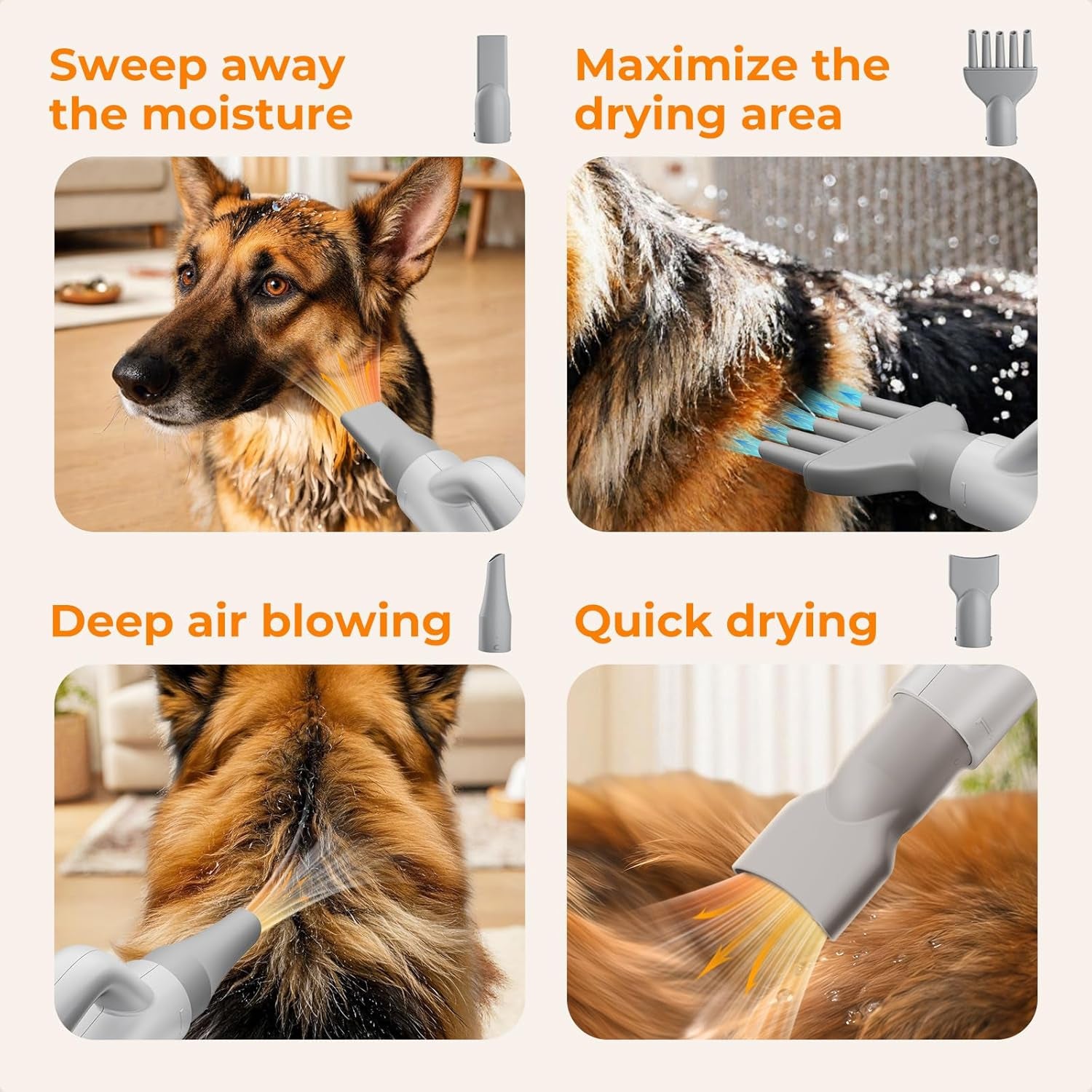 High-Velocity Dog Dryer, Adjustable Speed & Temp, 6.5Ft Cord | Heat-Resistant Hose, Pet Grooming Salon, Cool-Warm-Hot Cycle, 4 Nozzles, Soft Noise, Quick Drying, Overload Protection
