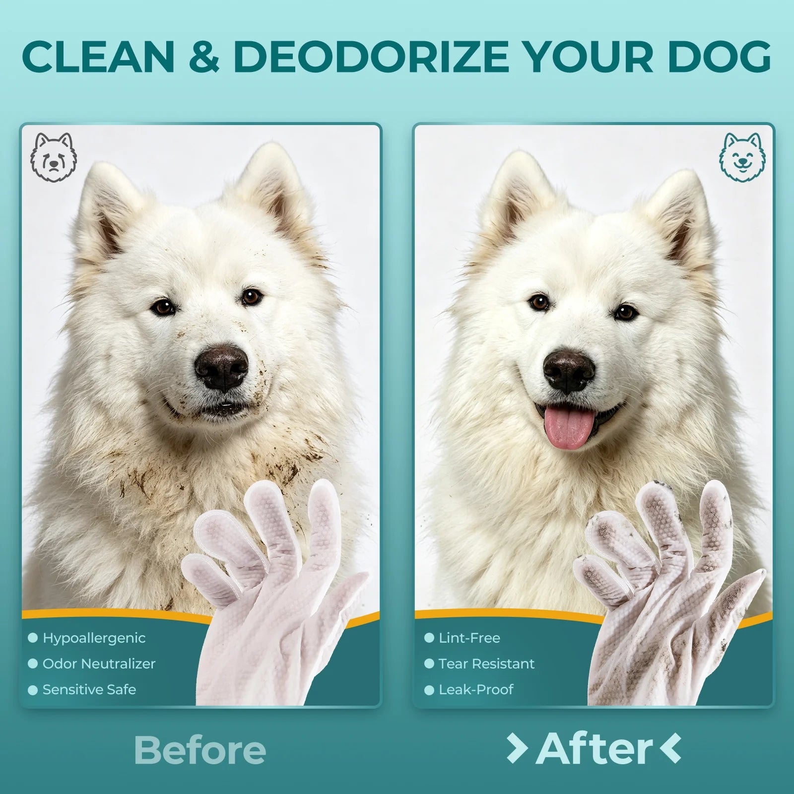 Dog Wipes Cleaning Deodorizing Glove Wipes for Dogs & Cats, 48 Pcs, Coconut Scent, Hypoallergenic Hydrating & Nourish Fur Pet Grooming Glove Wipes, Daily Care & Traveling