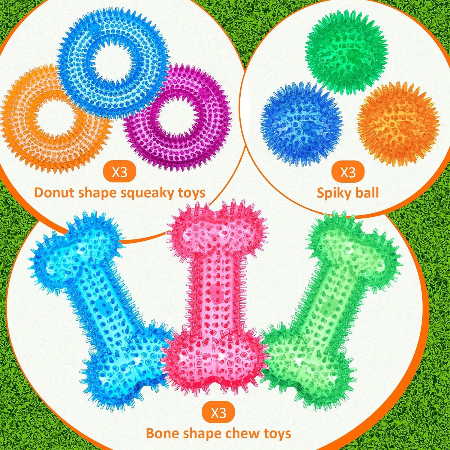 9 Pcs Dog Squeaky Toys Set, Gift for Dog Squeaky Balls Donut Bone Shape Teething Toys for Small Medium TPR Rubber Pet Chew for Training Fetching Teething
