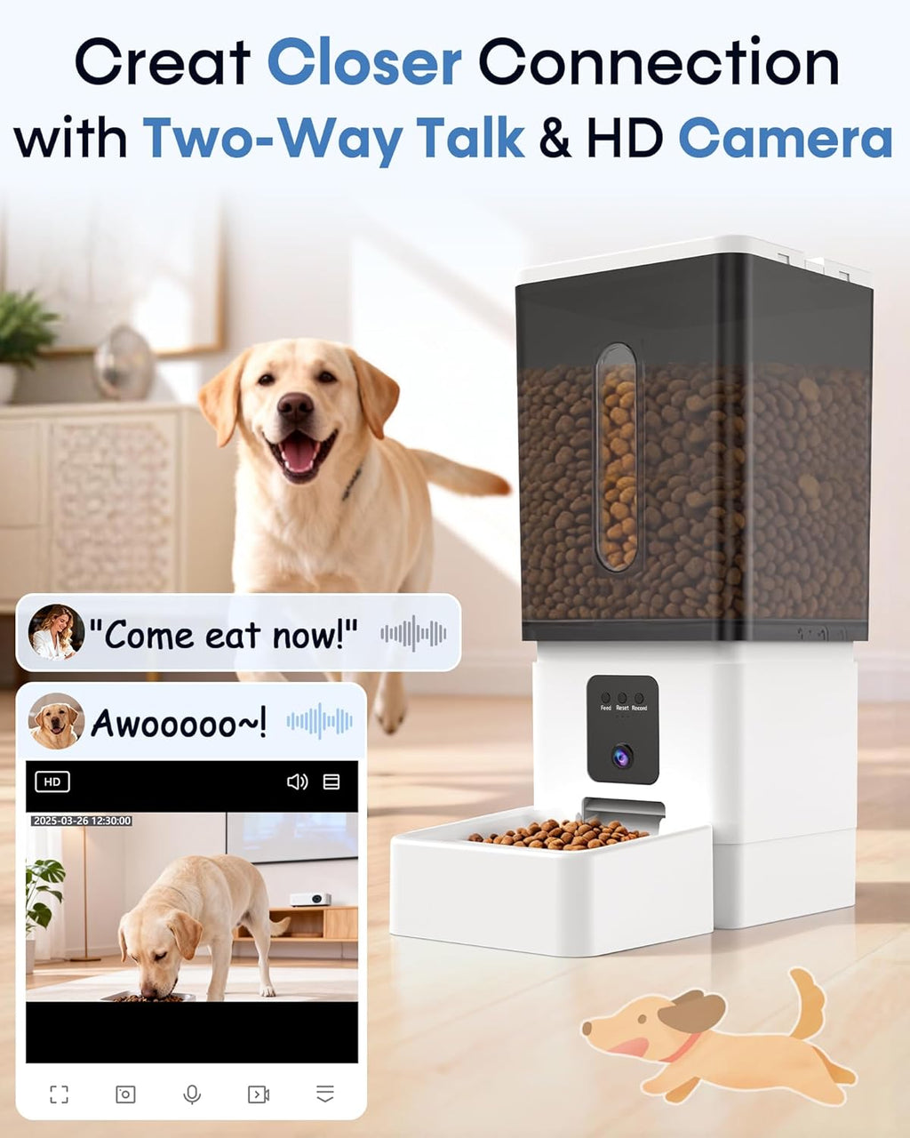 12L Large Dog Automatic Feeder with HD 1080P Camera: 50 Cups/20-Day Food Capacity for Travel & Business Trips - Anti-Clog for 2-18Mm Large Kibble